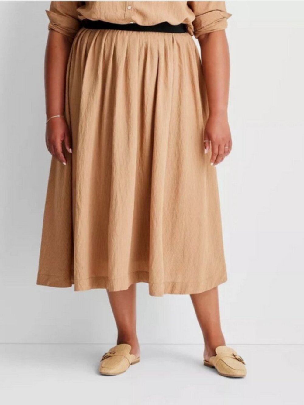 High-Rise Full Lining Midi A-Line Skirt -Future Collective Brown Stripe XS - Picture 3 of 6